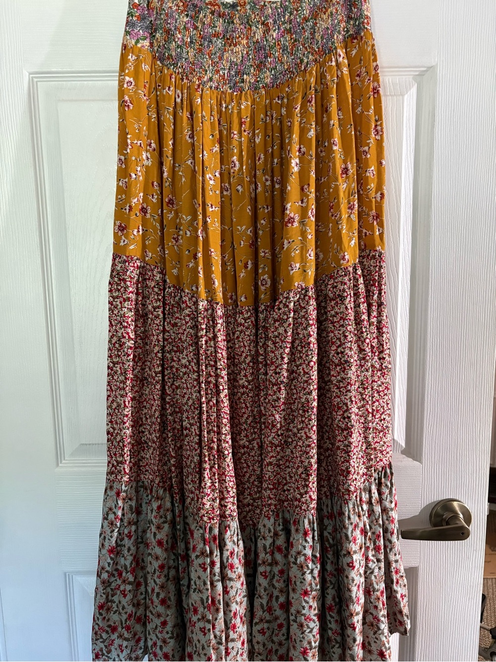 NATURAL LIFE Mustard and Red Floral Tiered Maxi Skirt